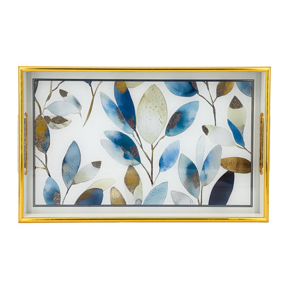 2-Piece White Serving Tray Set with Floral Glass Base and Gold Trim