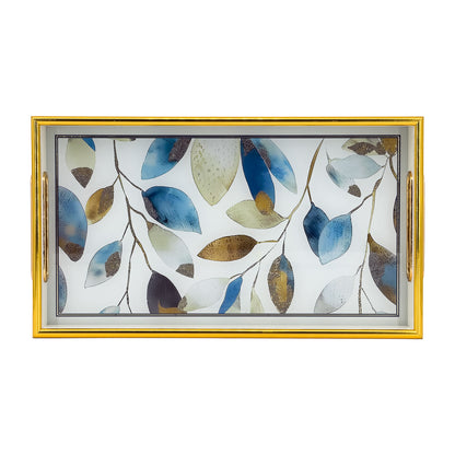 2-Piece White Serving Tray Set with Floral Glass Base and Gold Trim