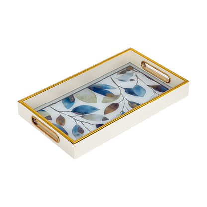 2-Piece White Serving Tray Set with Floral Glass Base and Gold Trim