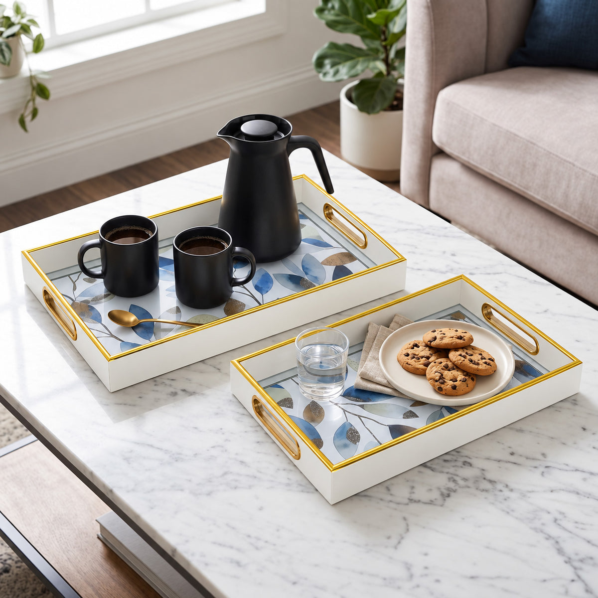 2-Piece White Serving Tray Set with Floral Glass Base and Gold Trim
