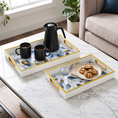 2-Piece White Serving Tray Set with Floral Glass Base and Gold Trim