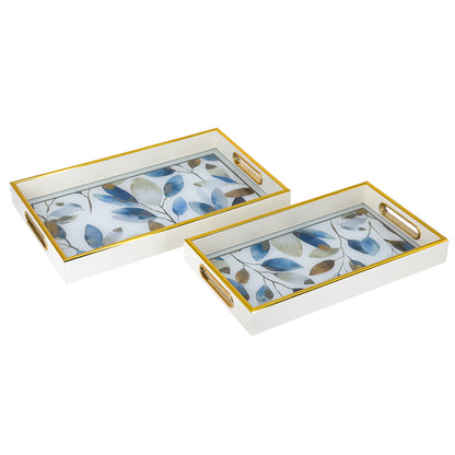 2-Piece White Serving Tray Set with Floral Glass Base and Gold Trim