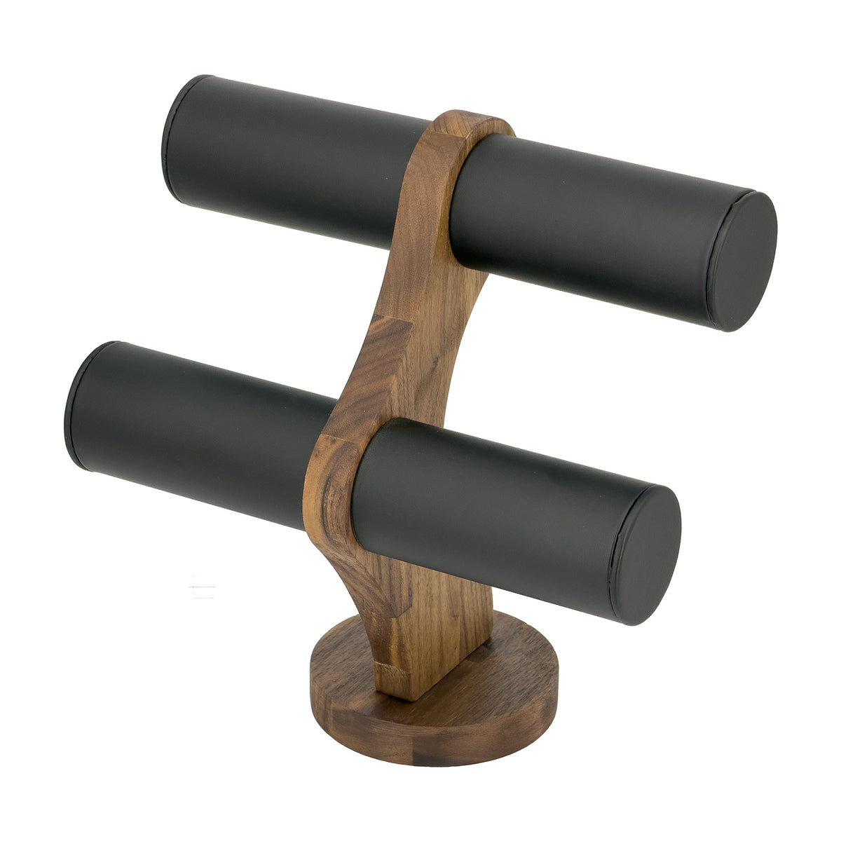 9 1/4" x 9 1/4" Black Leatherette Walnut 2-Tier Round Bar Bracelet Display