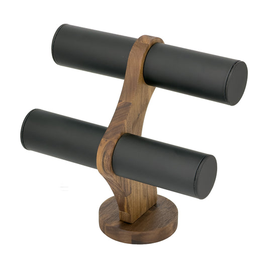 9 1/4" x 9 1/4" Black Leatherette Walnut 2-Tier Round Bar Bracelet Display