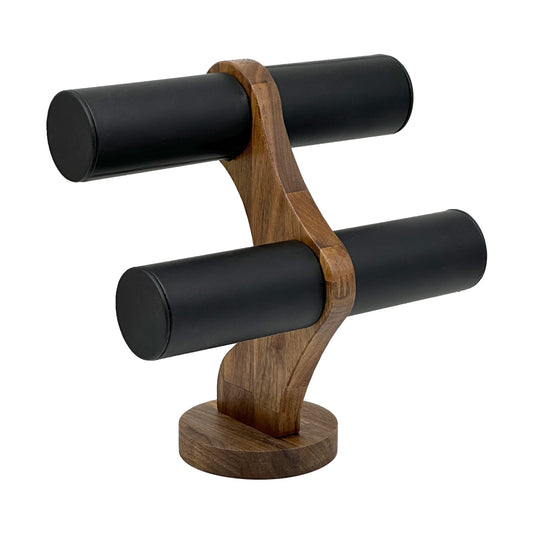 2 Tier Black Leatherette Walnut Round Bar Bracelet Display