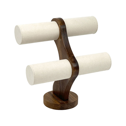 2 Tier Cream Microfiber Walnut Round Bar Bracelet Display