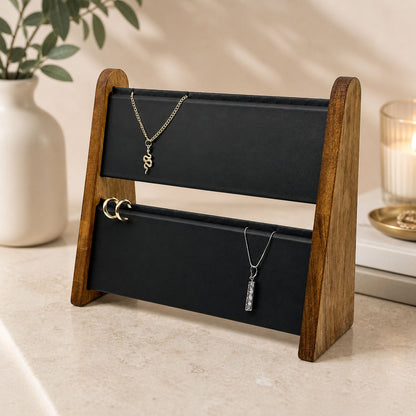 2 Tier Dark Oak Wood and Black Leatherette Necklace Jewelry Display