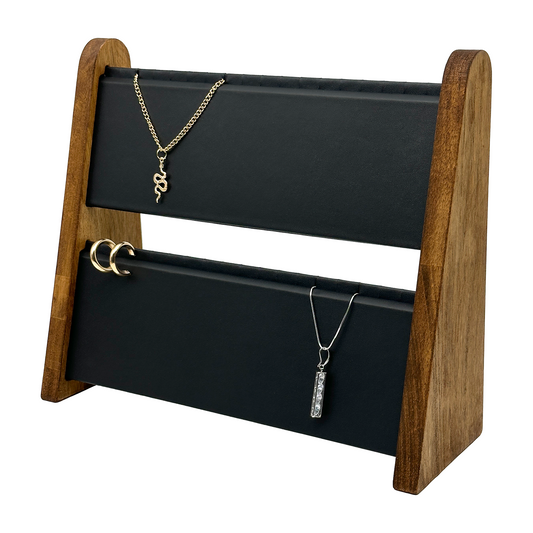 2 Tier Dark Oak Wood and Black Leatherette Necklace Jewelry Display