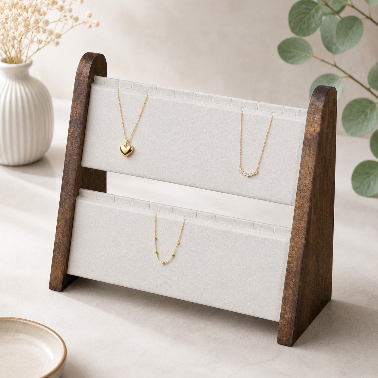 2 Tier Dark Oak Wood and Beige Velvet Necklace Jewelry Display