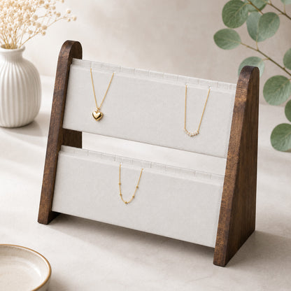 2 Tier Dark Oak Wood and Beige Velvet Necklace Jewelry Display