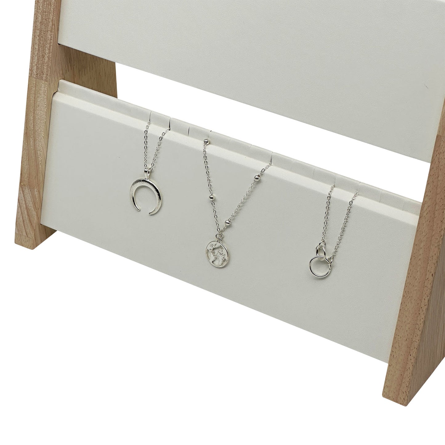 2 Tier Wood and White Leatherette Necklace Jewelry Display