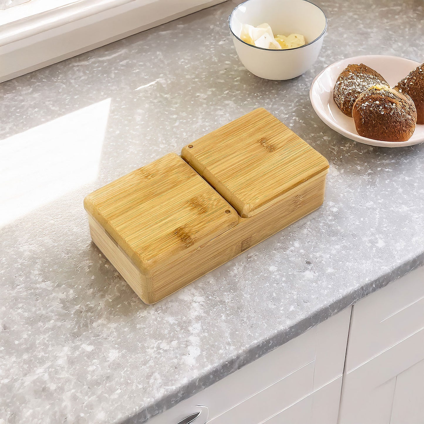 8.5" x 4.25" Salt and Pepper Bamboo Box with Rotating Lids