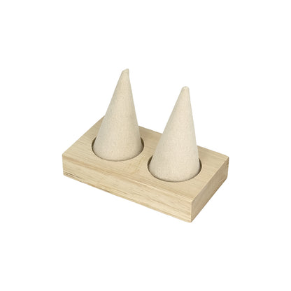 3 1/2" x 2 1/2" Beige Velvet Wood Base 2 Finger Ring Display