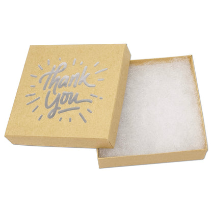 3 1/2" x 3 1/2" Kraft and Silver "Thank You" Cotton Filled Box