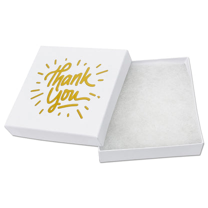 3 1/2" x 3 1/2" Matte White and Gold "Thank You" Cotton Filled Box