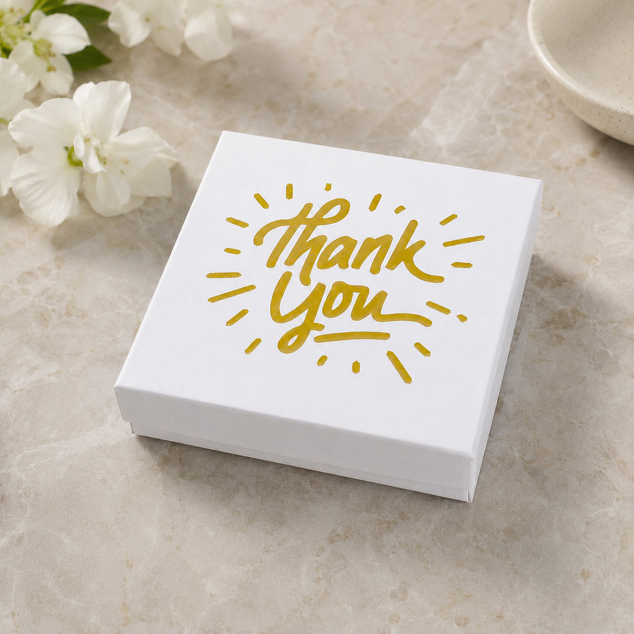 3 1/2" x 3 1/2" Matte White and Gold "Thank You" Cotton Filled Box