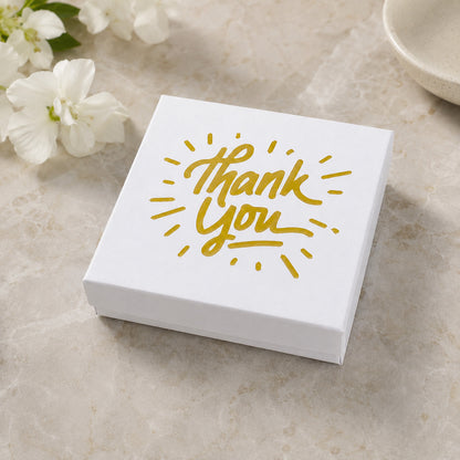 3 1/2" x 3 1/2" Matte White and Gold "Thank You" Cotton Filled Box