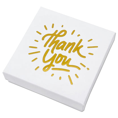 3 1/2" x 3 1/2" Matte White and Gold "Thank You" Cotton Filled Box