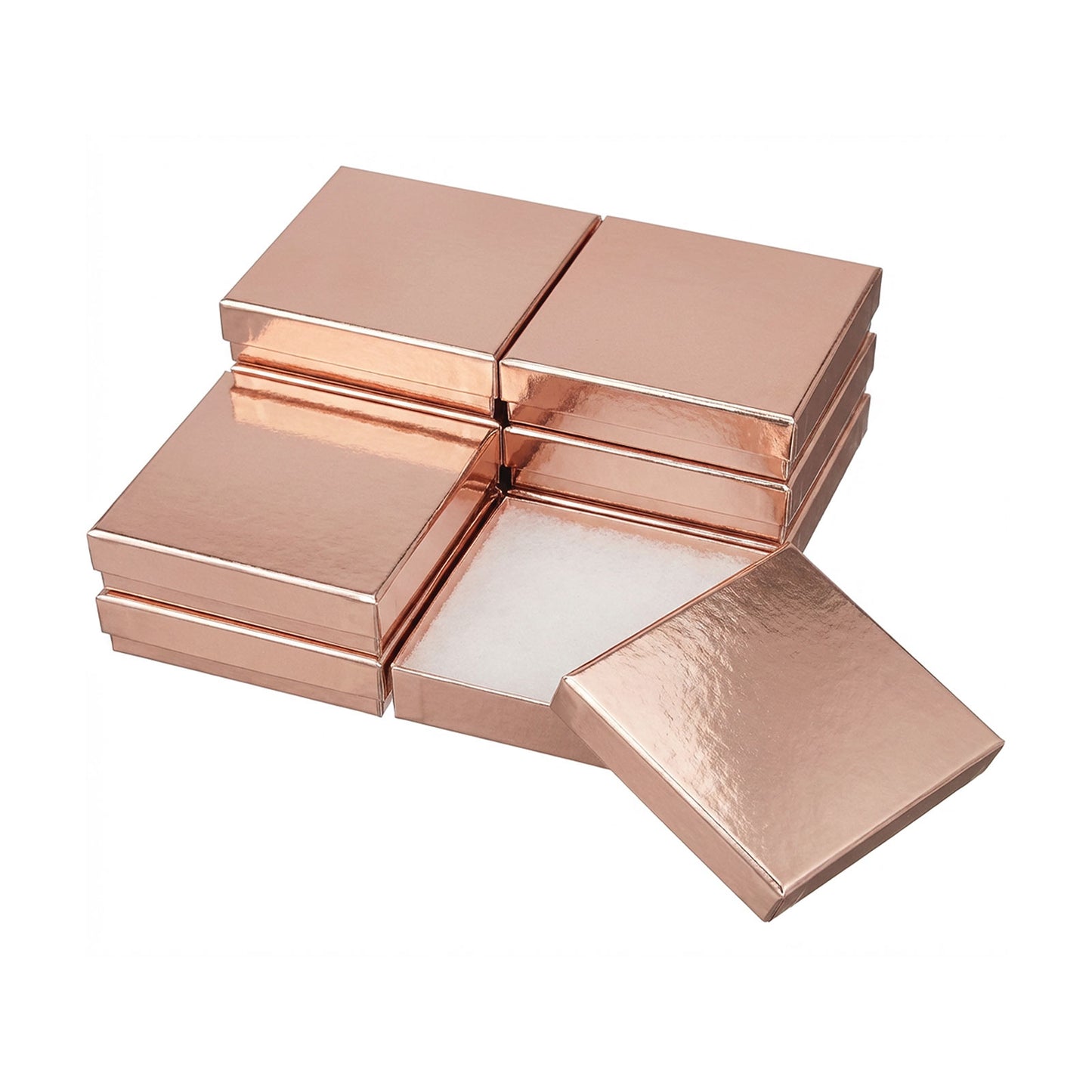 3 1/2" x 3 1/2" x 1" Metallic Rose Gold Cotton Filled Paper Box