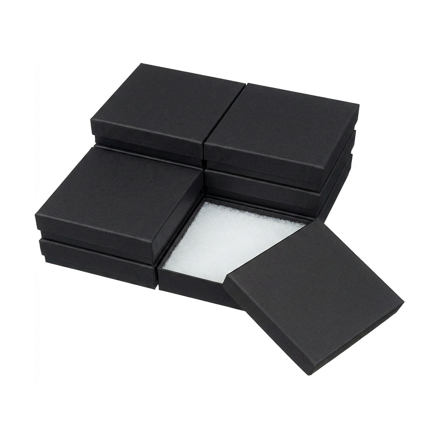 Black jewelry box with a white cotton fill interior on a white background