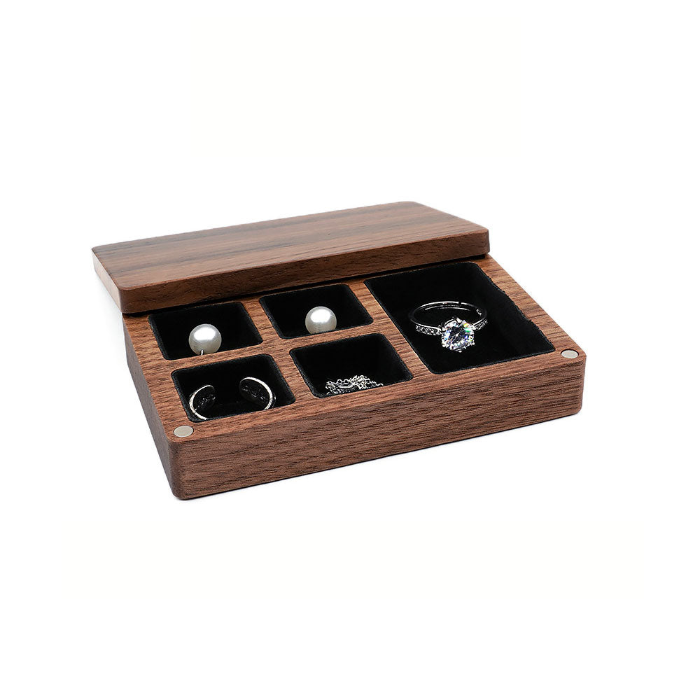 3 3/4" x 2 3/8" x 3/4" Dark Walnut 5 Compartment Jewelry Box with Magnetic Closure