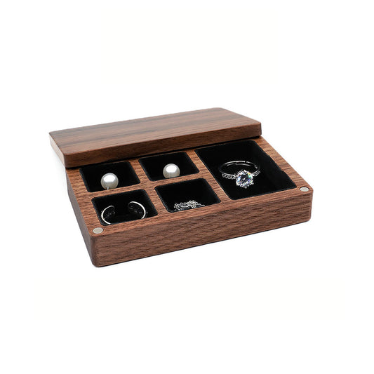 3 3/4" x 2 3/8" x 3/4" Dark Walnut 5 Compartment Jewelry Box with Magnetic Closure