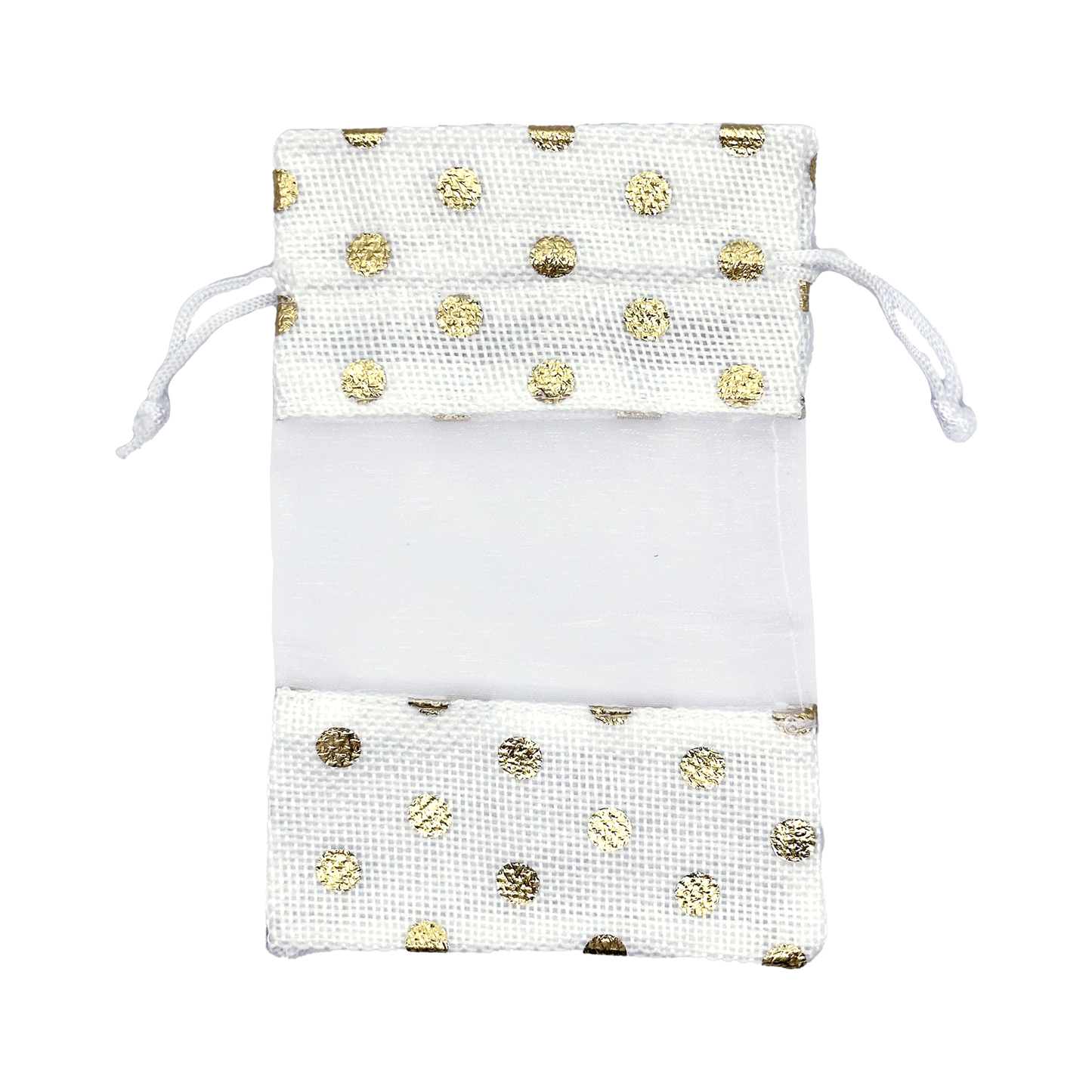 3 1/2" x 5 1/2" White with Gold Polka Dot Linen Burlap and Sheer Organza Gift Bag