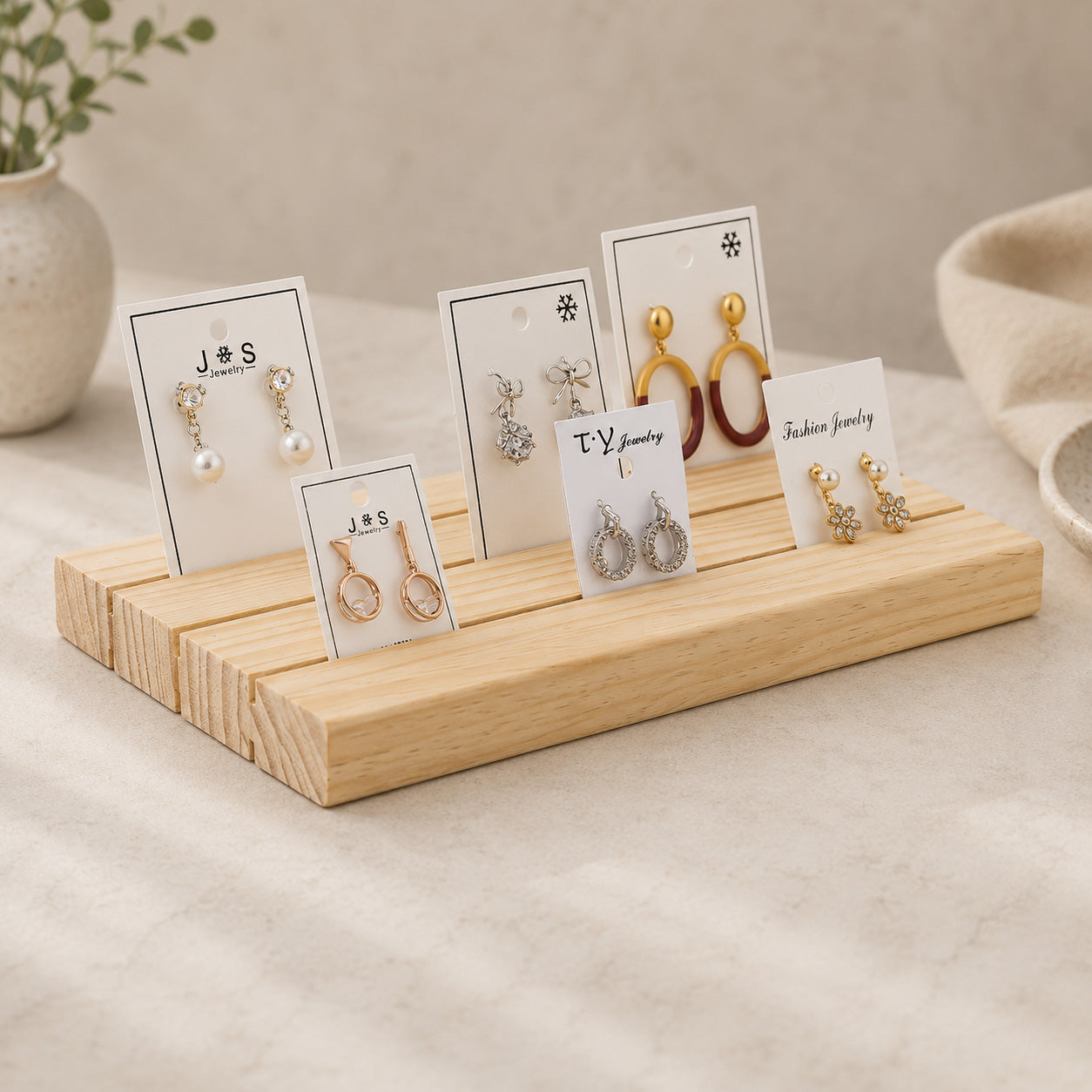 3 Row Natural Wood Earring Card Display Tray