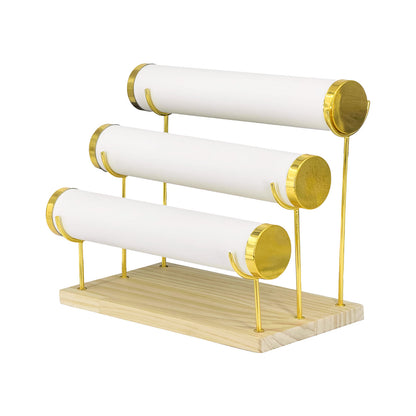 3 Tier Collapsible White Leatherette Gold Accent Round T-Bar Bracelet Display