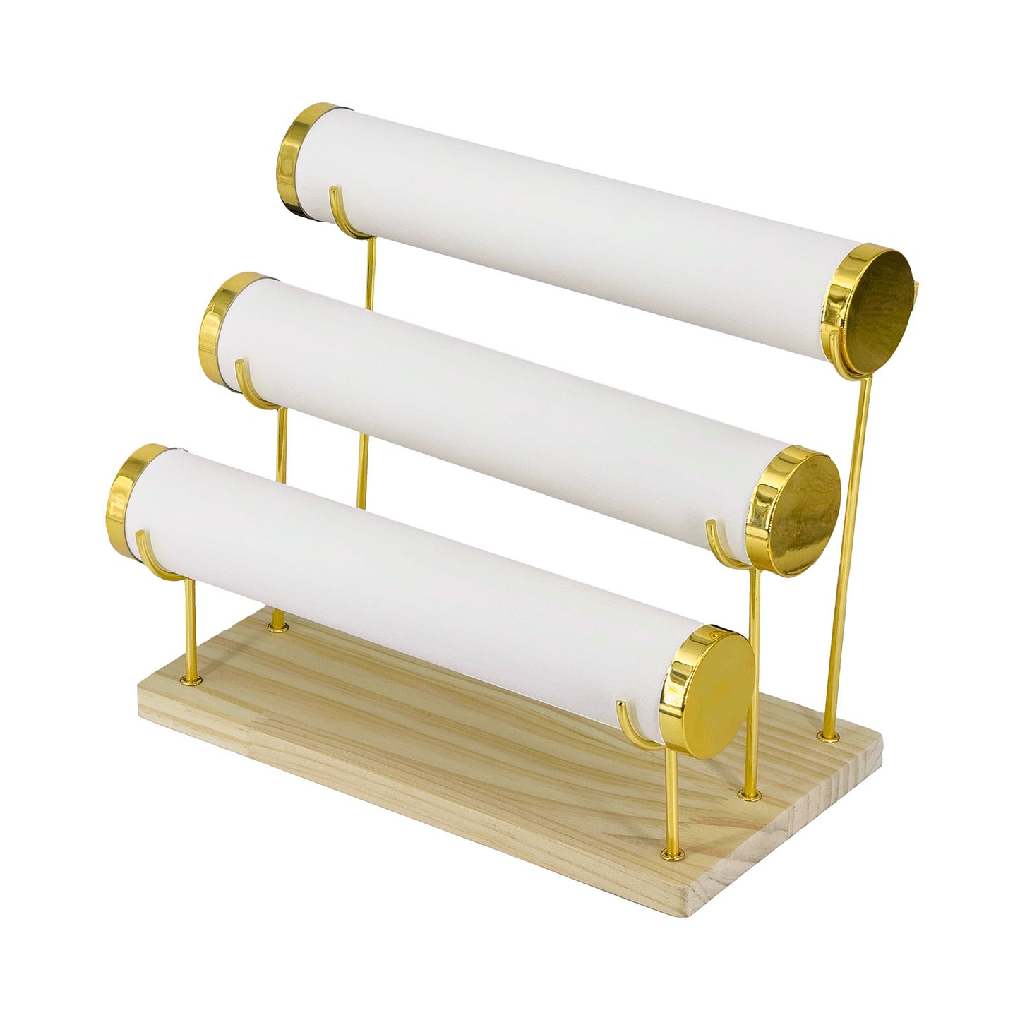 3 Tier Collapsible White Leatherette Gold Accent Round T-Bar Bracelet Display