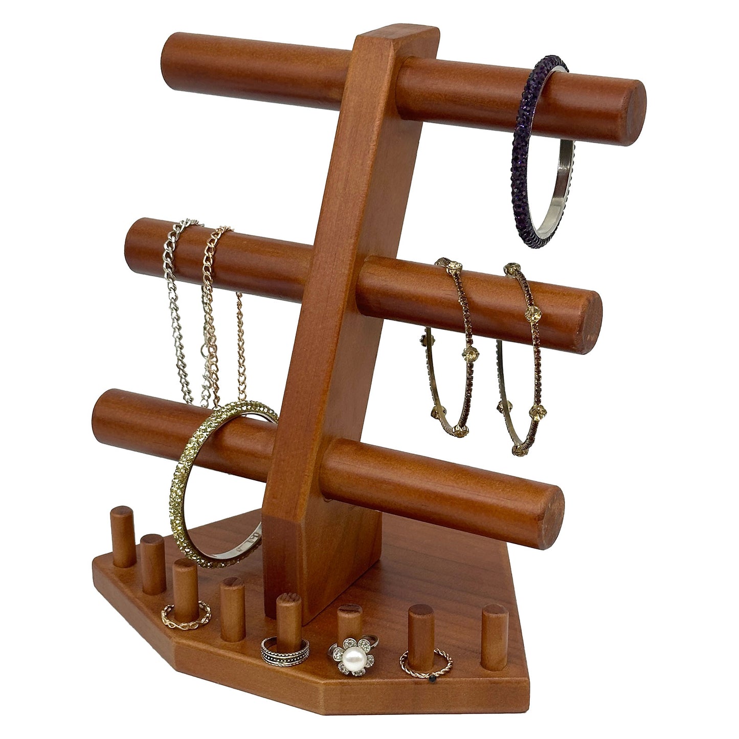 3 Tier Oak Wood T-Bar Jewelry Display with 8 Ring Holders