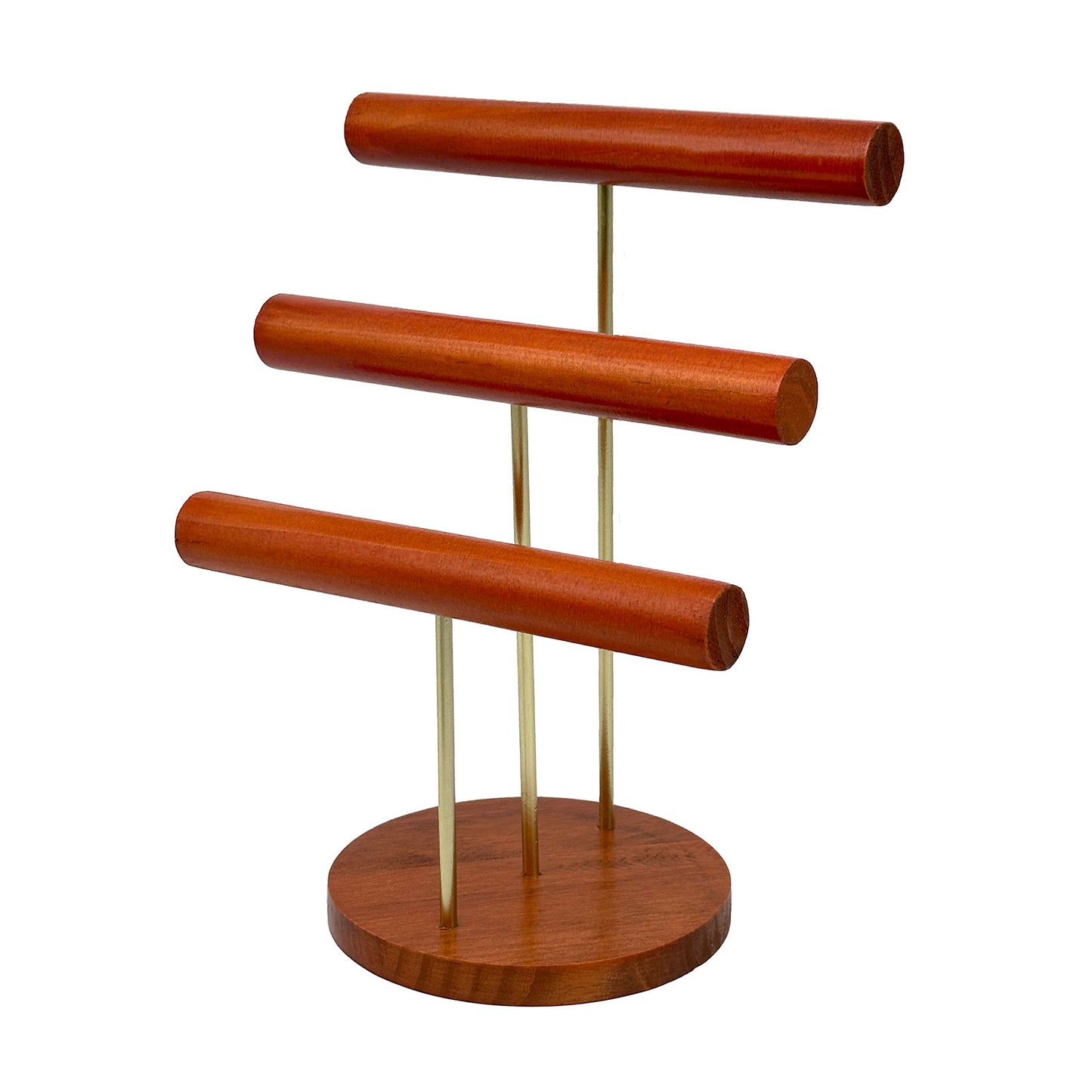 3 Tier Oak Wood T-Bar Jewelry Display with Gold Stems