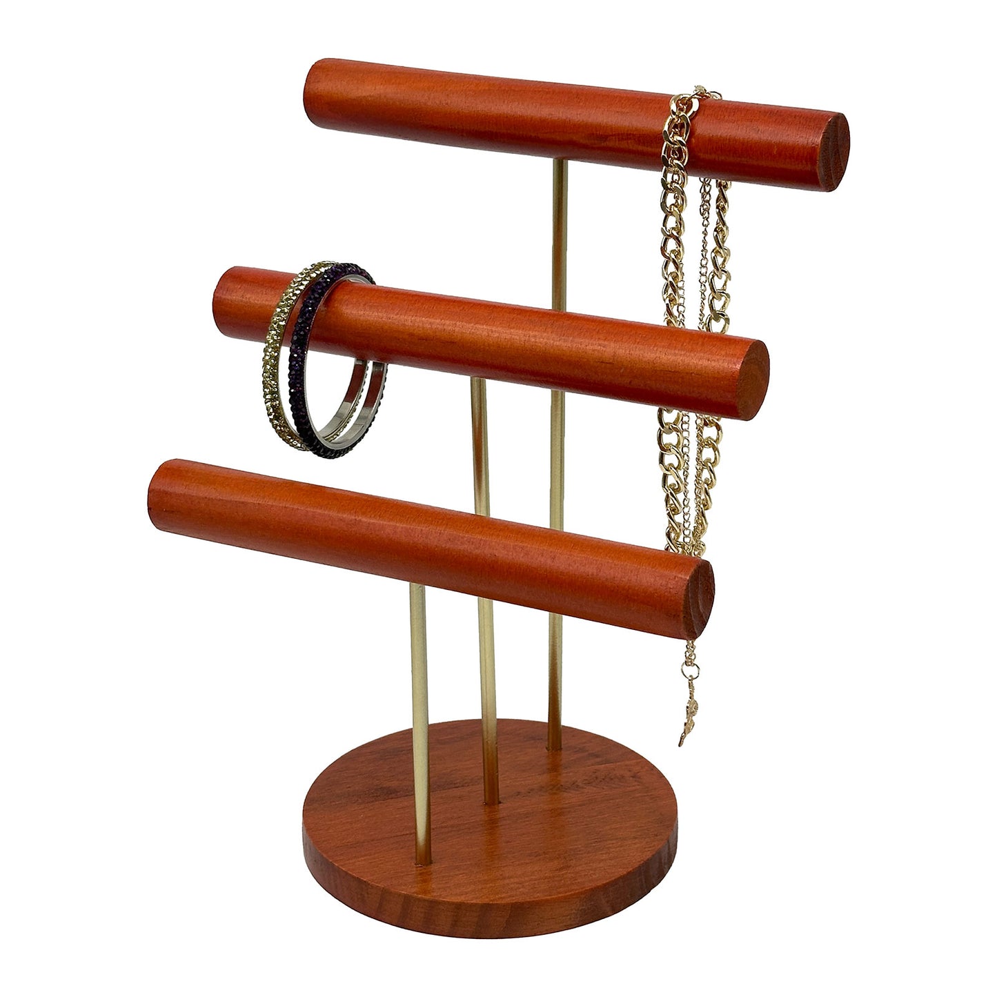 3 Tier Oak Wood T-Bar Jewelry Display with Gold Stems