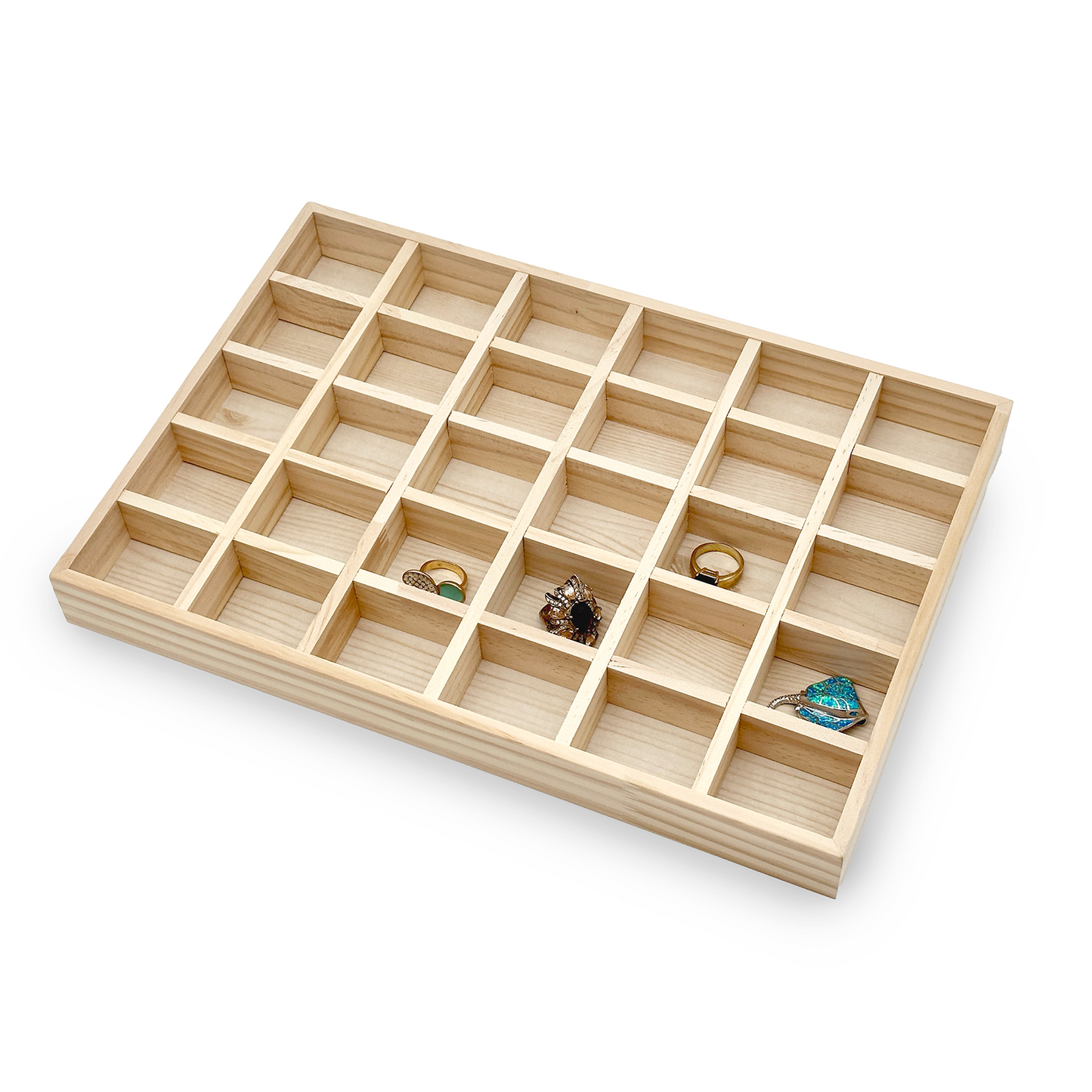 30 Compartment Natural Wood Jewelry Display Tray