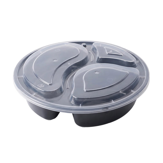 34 oz Three Compartment Round Plastic Disposable Food Containers (50 Pack)