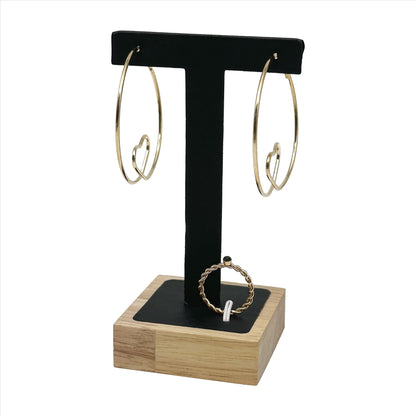 4 1/2" Black Velvet Earring T-Stand with Wood Base and Ring Display