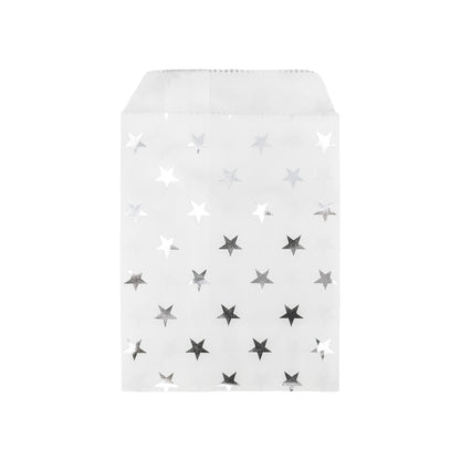 4" x 6" White and Silver Stars Flat Paper Gift Shopping Bags (100 Pack)