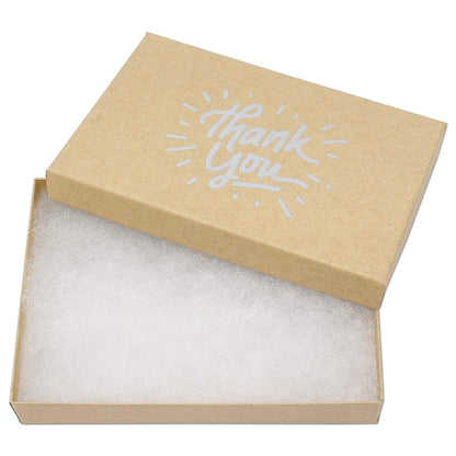 5 7/16" x 3 15/16" Kraft and Silver "Thank You" Cotton Filled Box