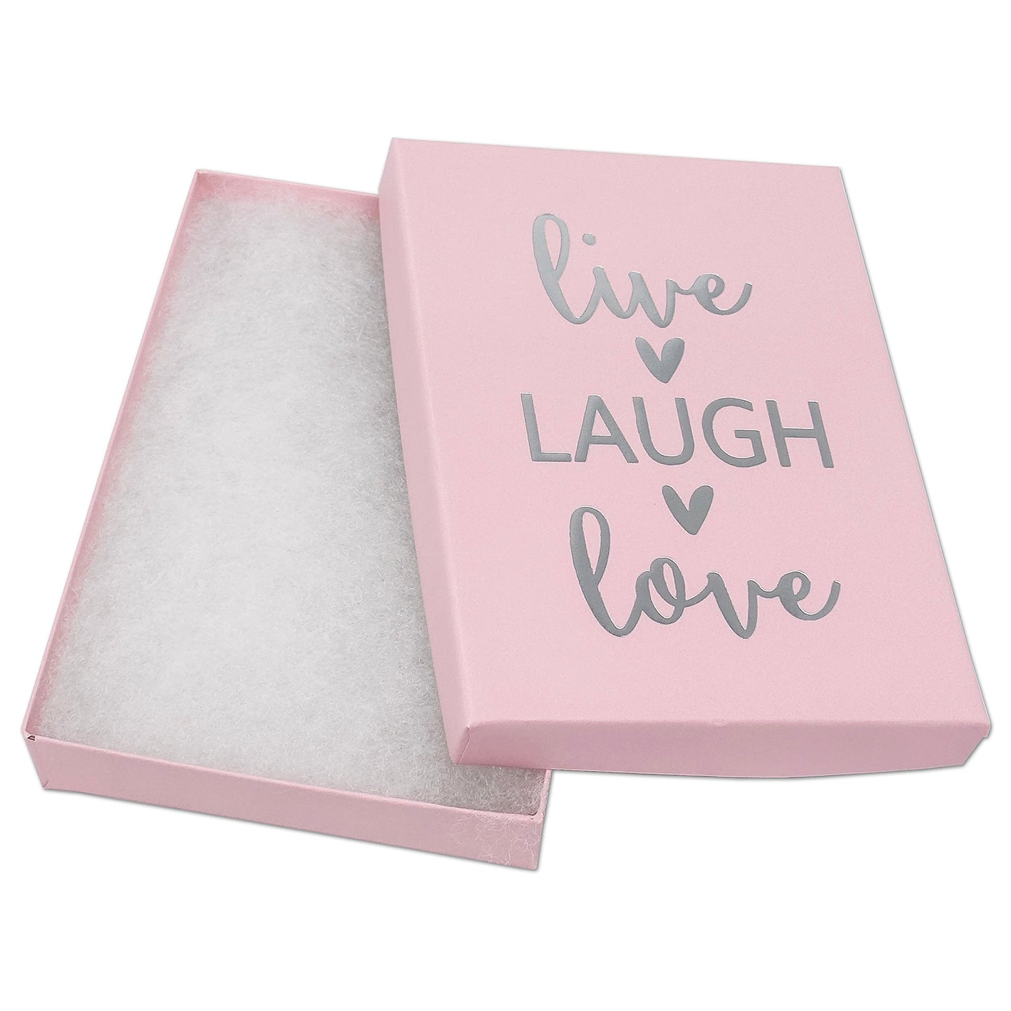 5 7/16" x 3 15/16" Pink and Silver "Live Laugh Love" Cotton Filled Box