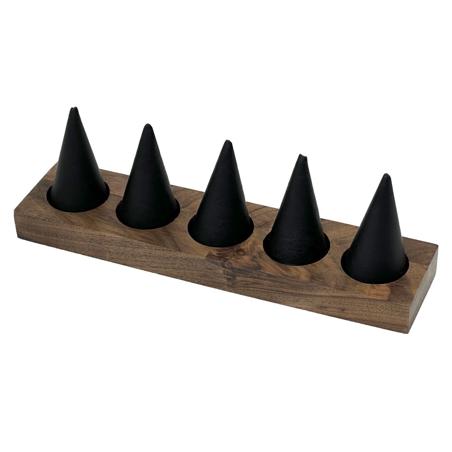 5 Finger Black Leatherette Walnut Base Ring Display