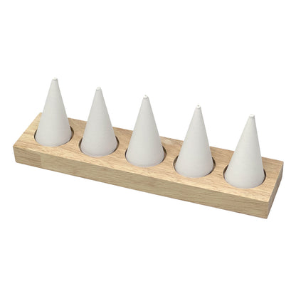 5 Finger White Leatherette and Wood Ring Display