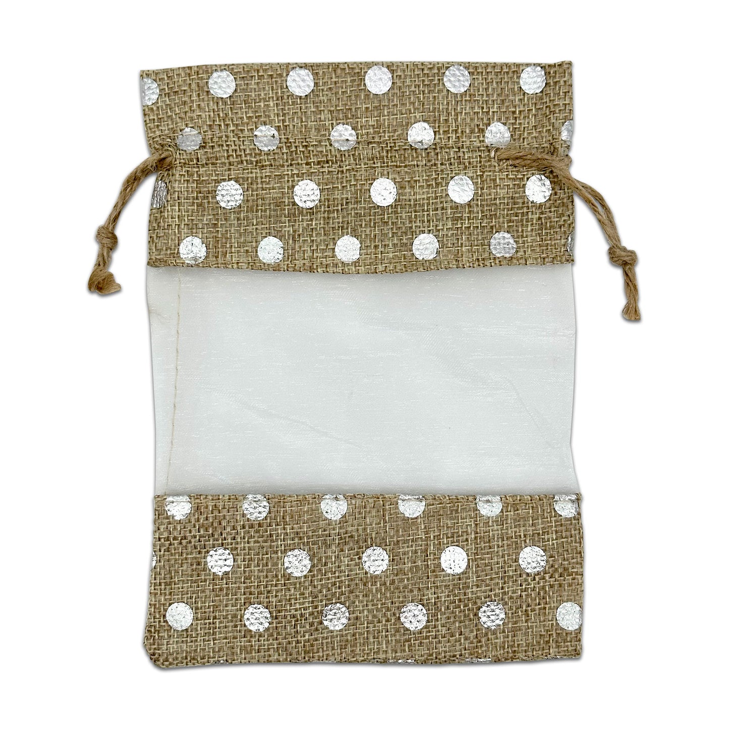 5" x 7" Beige with Silver Polka Dot Linen Burlap and Sheer Organza Gift Bag