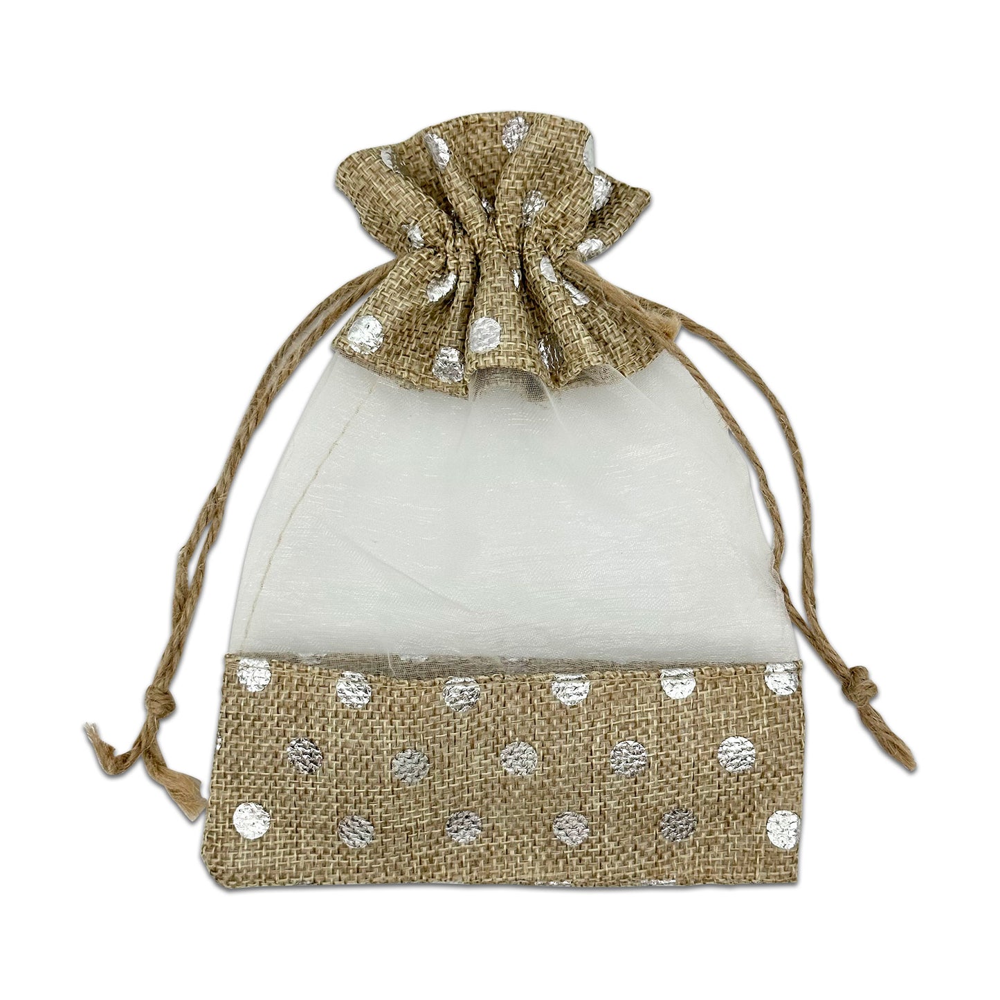 5" x 7" Beige with Silver Polka Dot Linen Burlap and Sheer Organza Gift Bag