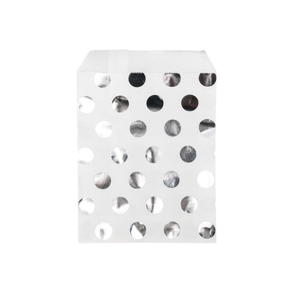 5" x 7" White and Silver Polka Dot Flat Paper Gift Shopping Bags (100 Pack)