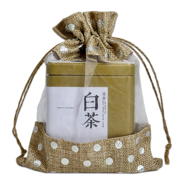 6 1/2" x 8 1/2" Beige with Silver Polka Dot Linen Burlap and Sheer Organza Gift Bag
