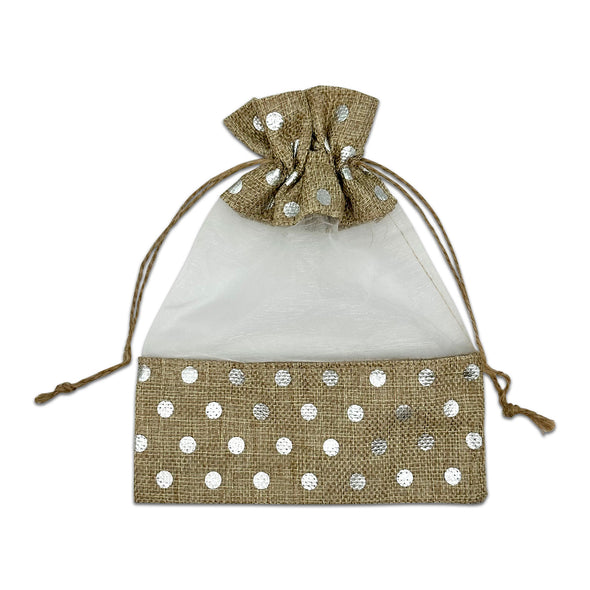 6 1/2" x 8 1/2" Beige with Silver Polka Dot Linen Burlap and Sheer Organza Gift Bag