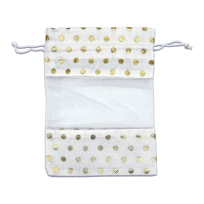 6 1/2" x 8 1/2" White with Gold Polka Dot Linen Burlap and Sheer Organza Gift Bag