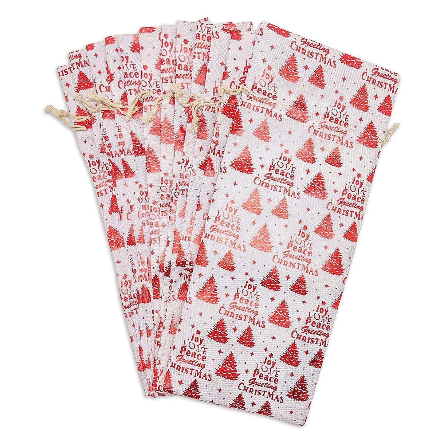 6" x 14" Cotton Muslin Red Christmas Tree Wine Bottle Drawstring Gift Bags