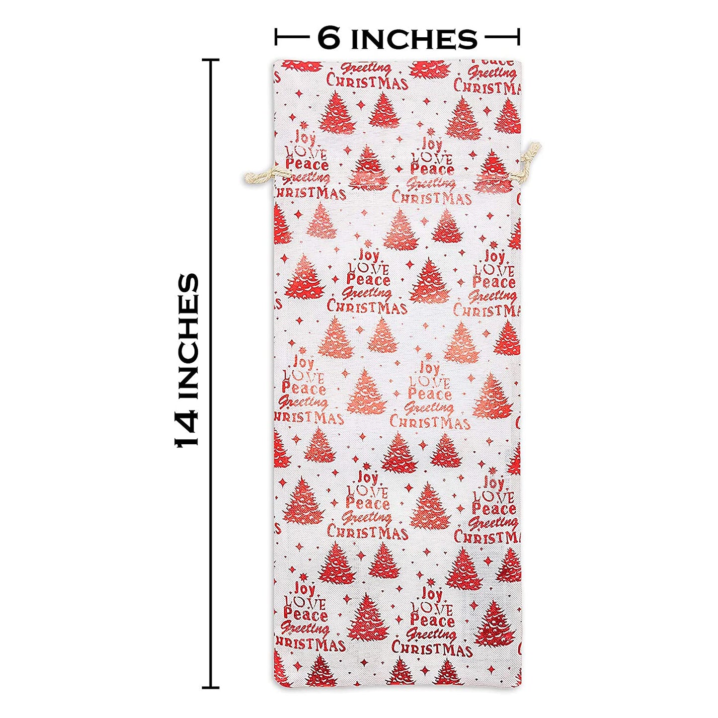 6" x 14" Cotton Muslin Red Christmas Tree Wine Bottle Drawstring Gift Bags