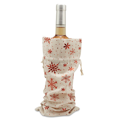 6" x 14" Cotton Muslin Red Snowflake Wine Bottle Drawstring Gift Bags